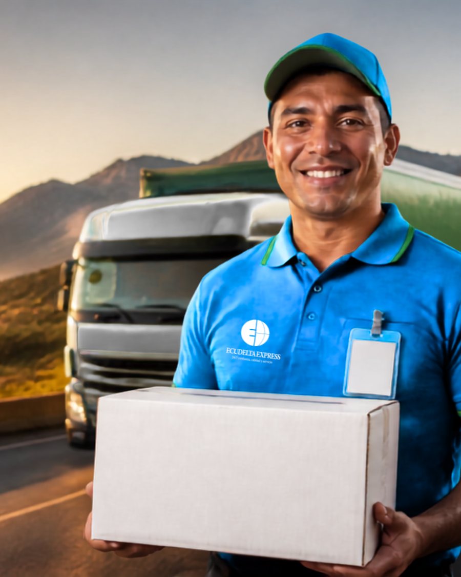 Mensajero de Ecudelta Express sonriendo mientras entrega un paquete, con un camión de la flota al fondo
